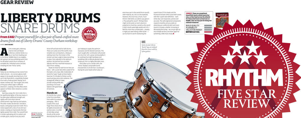 Liberty Drums awarded best pro wood snare drums by Rhythm magazine